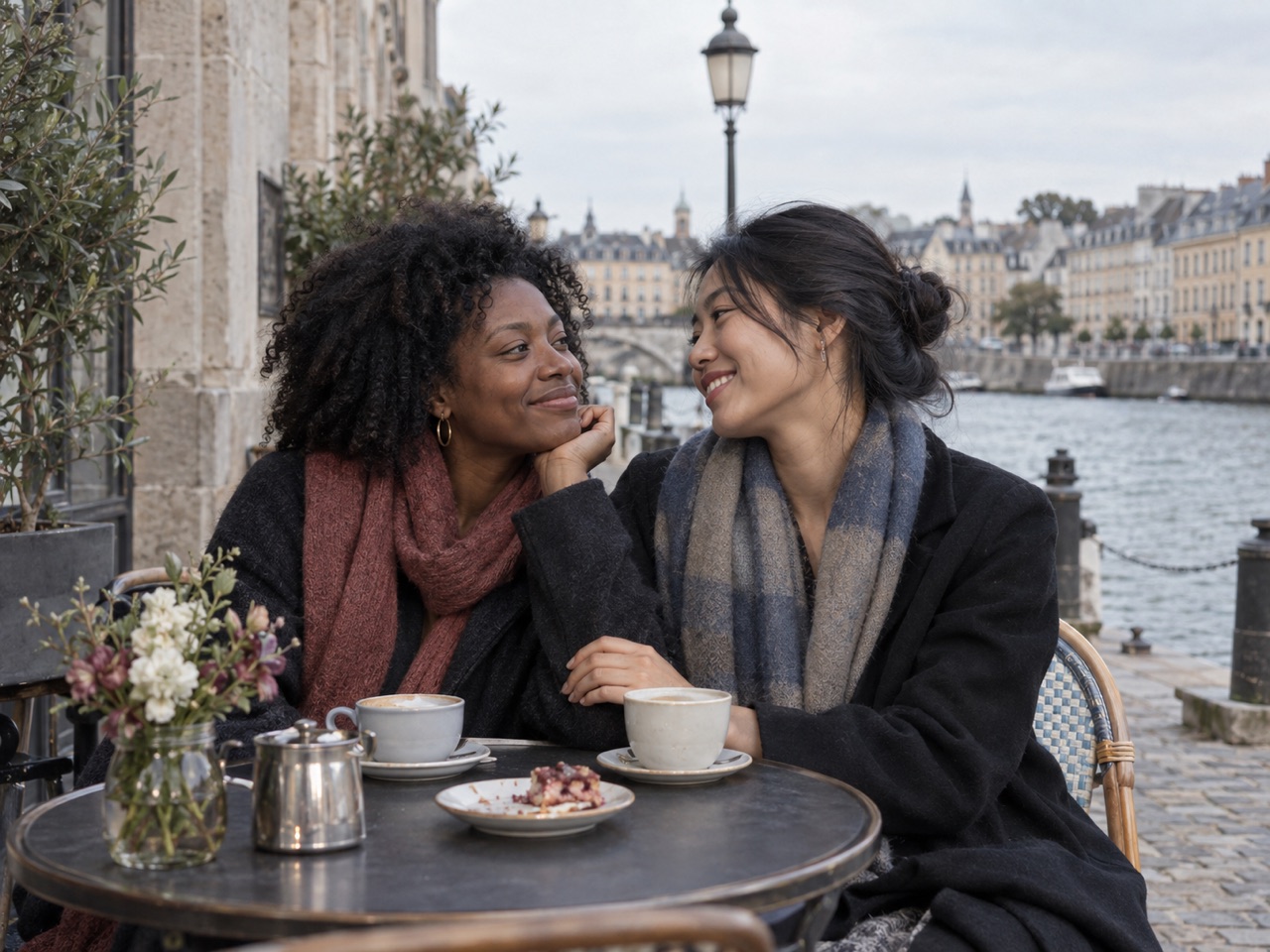 Illustrative scene of two women sharing a moment at a waterfront café