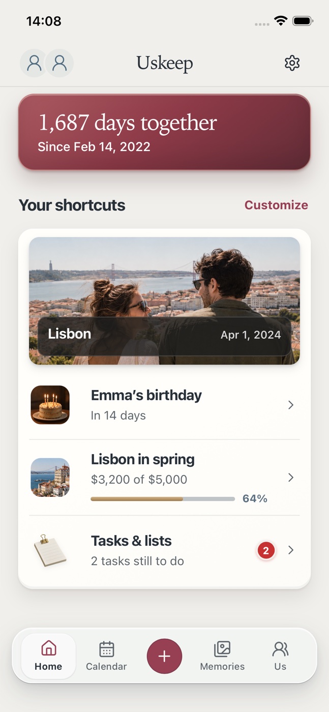 Uskeep Home showing shared memories, dates, goals and task shortcuts